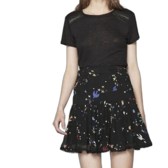 Maje Unique "Jiji Bird" Print Flowy Chiffon Skirt, Black-Multi, Sz (1 XS-S) - Picture 3 of 13